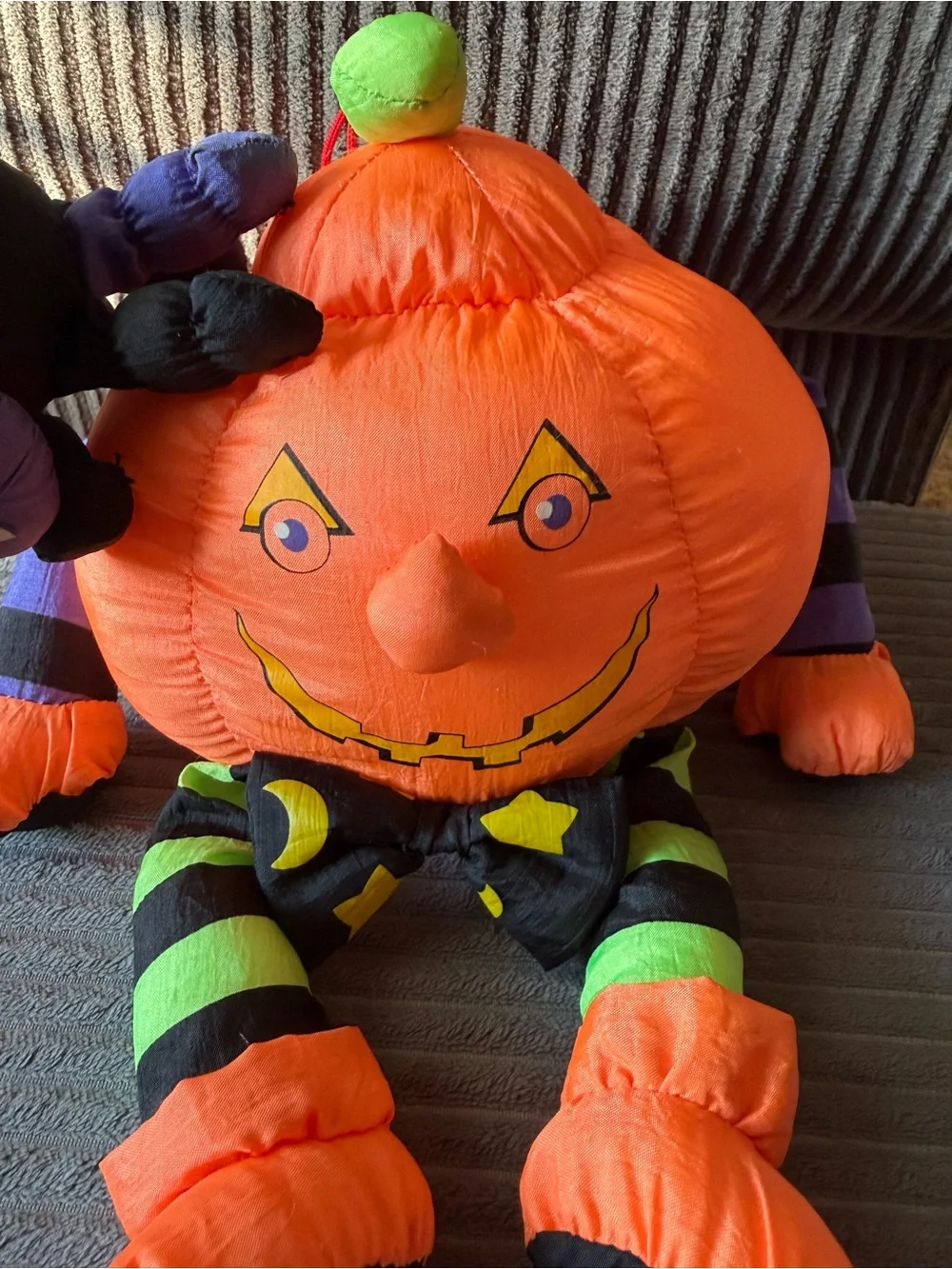 VTG Stuffins Halloween Pumpkin Nylon Sitter Spider Fall Striped Legs Plush Decor